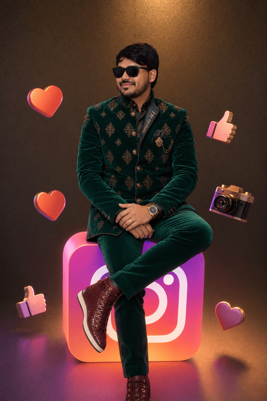 Luxury 3D Instagram Creator Portrait — Emerald Nehru Jacket & Floating Icons
