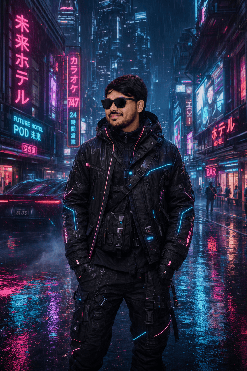 Neo-Tokyo Cyberpunk Techwear Portrait — Rainy Night Neon Street